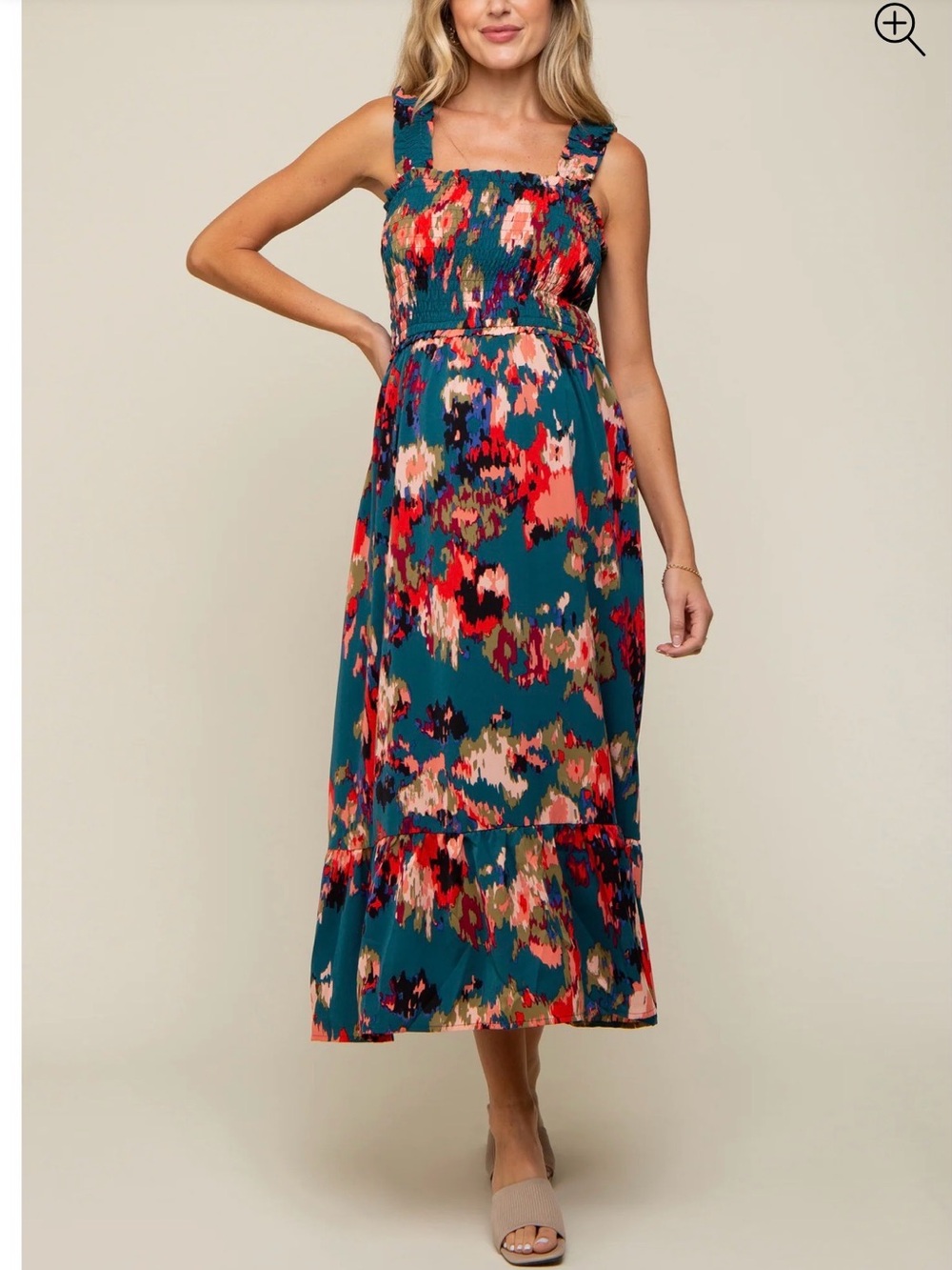 Pinkblush Teal Floral Smocked Maxi Dress with Coral & Navy Accents